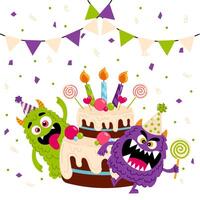 Holiday card, background, poster with cute monsters. Cartoon monsters on a festive background with a cake in a flat style. Birthday. Kids holiday characters. vector