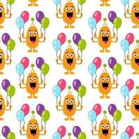 Funny monster with balloons in flat style on a white background. Birthday, holiday, congratulation. Kids cartoon character. Pattern for textile, wrapping paper, background. vector