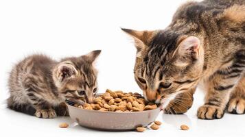 A mom cat and her kitten eat dry food in a bowl, isolated on white background photo