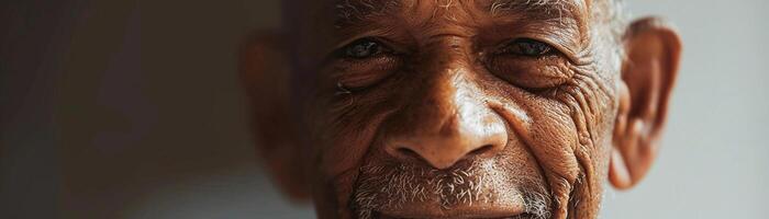 experiencia y sabiduría, un de cerca de un más viejo hombre con un tipo sonrisa y un pocos arrugas alrededor su ojos foto