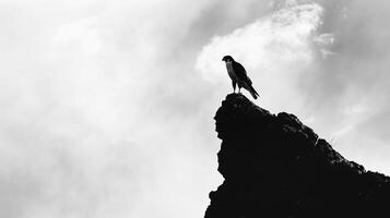 Perched Falcon, A silhouette of a falcon perched high on a cliff photo