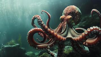 An octopus swims in the deep sea photo