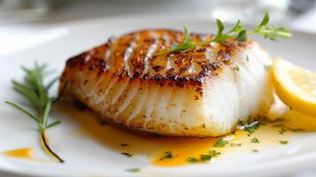 Simple elegance, perfectly cooked piece of seafood on a white plate photo