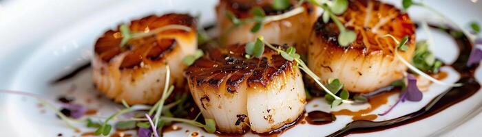 Seared scallops arranged on a white plate, garnished with microgreens and a drizzle of balsamic reduction photo