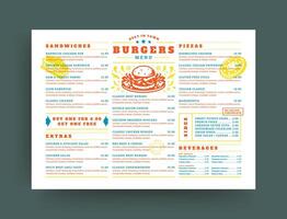 Burger restaurant menu layout design brochure or food flyer template illustration vector