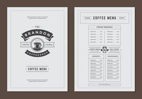 Coffee menu template design flyer for cafe with coffee shop logo mug symbol and retro typographic decoration elements. vector