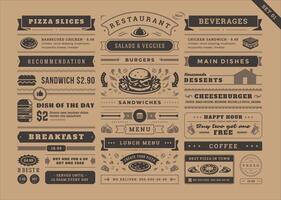 Restaurant menu typographic decoration design elements set vintage and retro style illustration. vector