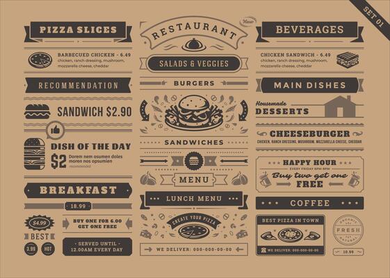 Restaurant menu typographic decoration design elements set vintage and retro style illustration.