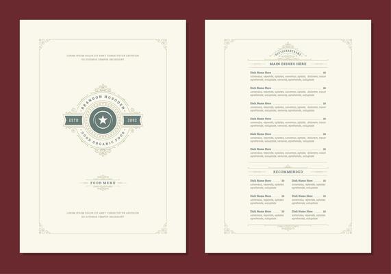 Menu design template with cover and restaurant vintage logo brochure.