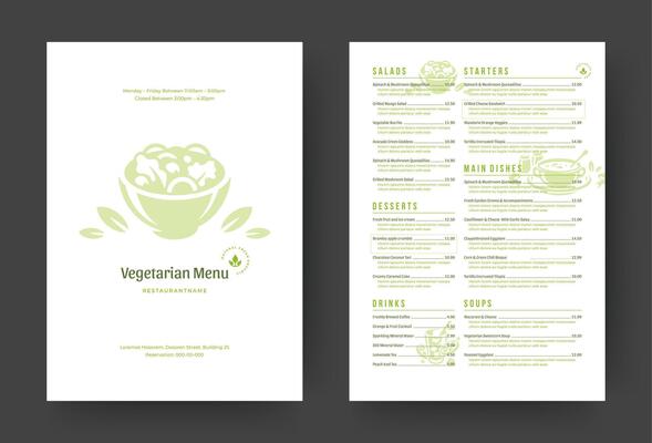 Vegetarian restaurant menu layout design brochure or food flyer template illustration.