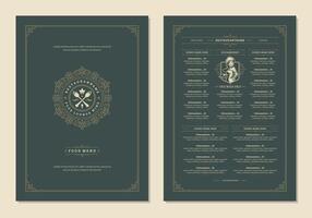 Menu design template with cover and restaurant vintage logo brochure. vector