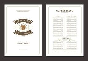 Coffee menu design template flyer for cafe with coffee shop logo bean with crown symbol Illustration. vector