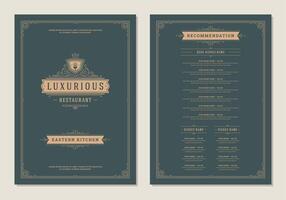 Menu design template with cover and restaurant vintage logo brochure. vector