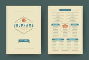 Burger restaurant menu layout design brochure or food flyer template illustration. vector