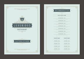 Menu design template with cover and restaurant vintage logo brochure. vector