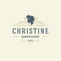 Bakery badge or label retro illustration. Baker woman or chef in hat silhouette for bakehouse. vector