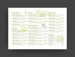 Vegetarian restaurant menu layout design brochure or food flyer template illustration. vector