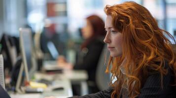 Busy Office, a red-haired businesswoman amidst the hustle and bustle of a busy office photo