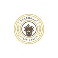 Bakery badge or label retro illustration cupcake and wheat silhouettes for bakehouse. vector