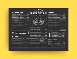 Burger restaurant menu layout design brochure or food flyer template illustration. vector