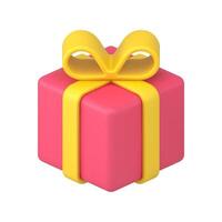brillante festivo regalo caja paquete decorado por amarillo arco cinta y envuelto rojo paquete 3d icono vector