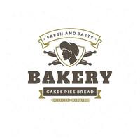 Bakery badge or label retro illustration. Baker man or chef in hat silhouette for bakehouse. vector