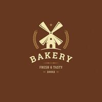 Bakery badge or label retro illustration mill silhouette for bakehouse. vector