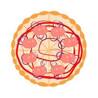 ilustración de un Pizza coronado con rebanado carne y cebollas y cubierto con salsa y mayonesa. Pizza ilustración para comida diseño vector