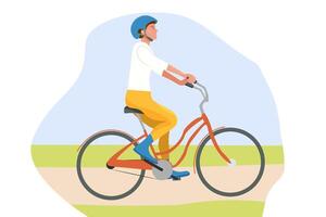 Riding bike in the city park or countryside. Summer activity, bicycle trip. Flat illustration. Healthy and active lifestyle. vector