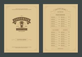 Coffee menu design template flyer for bar or cafe with offee shop logo cup symbol Illustration. vector