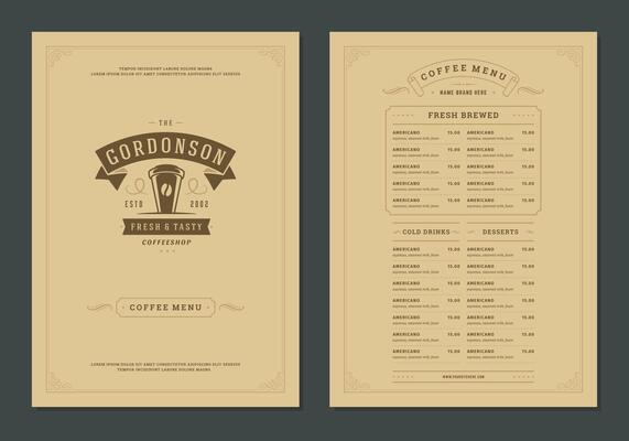 Coffee menu design template flyer for bar or cafe with offee shop logo cup symbol Illustration.