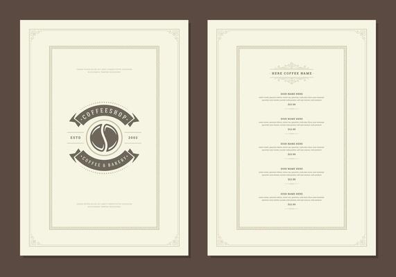 Coffee menu design template flyer for cafe with coffee shop bean symbol and vintage typographic decoration elements.