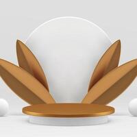 White 3d podium pedestal with golden leaves mock up for product show realistic vector