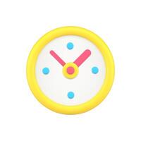 Rounded yellow alarm clock with time arrows 3d icon illustration. Circle badge analog watch vector