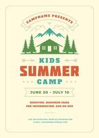 Kids summer camp poster or flyer event retro typography design template and forest lanscape and tent background. vector