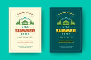 Kids summer camp poster or flyer event retro typography design template and forest lanscape and tent background vector