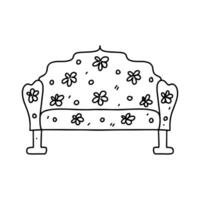 Cute sofa with flowers print. Hand drawn doodle style. illustration isolated on white. Coloring page. vector