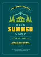 Kids summer camp poster or flyer event retro typography design template and forest lanscape and tent background vector