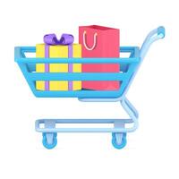 Volumetric shopping cart with purchases 3d icon. Blue trolley with gold gift and paper red bag vector