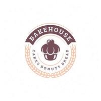 Bakery badge or label retro illustration cupcake and wheat silhouettes for bakehouse vector