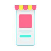 Online store in mobile application 3d icon. Smartphones with colored awnings and web menu vector