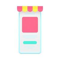 Online store in mobile application 3d icon. Smartphones with colored awnings and web menu vector