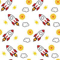 seamless pattern with a rocket, clouds with the sun. rocket cloud seamless pattern. cartoon kids rocket seamless pattern background. flying rocket and cloud seamless pattern background. vector