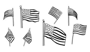 Contour doodle set of US flags in different position. Collection of sketchy outline drawings isolate on white background. Monochrome National Patriotic American holiday concept vector