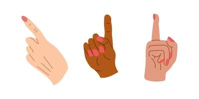 Flat hand drawn set of multiracial hands pointing up. Diverse body language. flat doodle illustrations isolated on white background vector