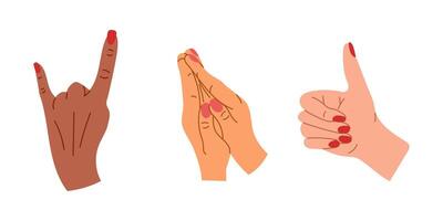 Hand drawn set of diversity hands gestures. Body language and praying by hands. flat doodle illustrations isolated on white background vector