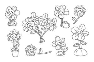 Set of 2000s style sketchy flower. Retro items in flat hand drawn contour style. kids toys isolated on white background. Ideal for coloring pages, tattoo, pattern vector