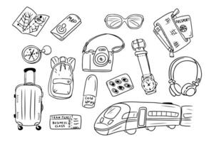 Train travel contour doodle set with related items. Collection of sketchy outline drawings isolate on white background. Monochrome summer vacation outline stickers vector