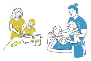 Monochrome doodle set with parents and children on kitchen. Cooking and washing dishes together. Outline sketchy illustration isolated on white background. family concept for logo, sticker vector
