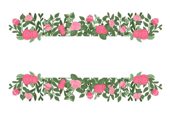 Stylized floral wedding invitation template with copy space. Flat hand drawn abstract simple flowers and leaves. Botanical natural background isolated on white background.